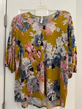 Women's Floral V-Neck Top in Mustard Yellow by Paisley Grace